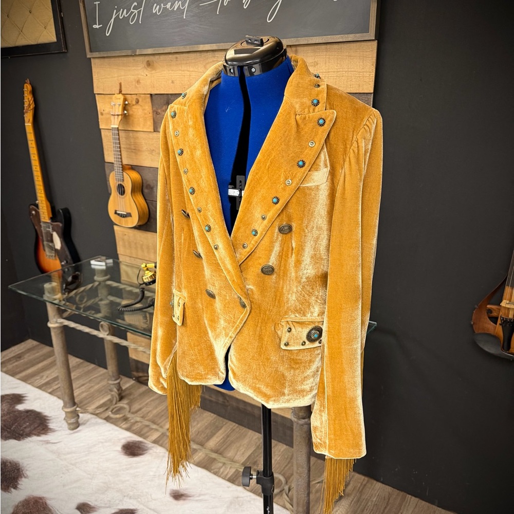 Custom Velvet Double Breasted Gold Blazer - Picture 8 of 10